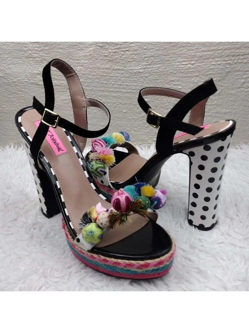 Betsey Johnson Polka Black White Embroidered Open Toe Slingback High Heel Shoe